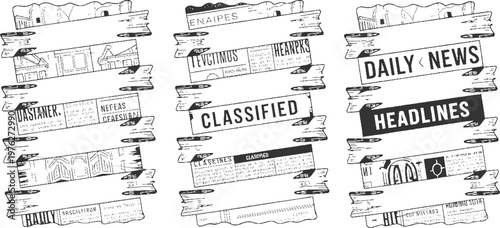 Hand drawn newspaper headlines and classified ads on wooden planks