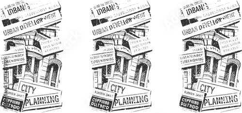 Black and white of urban development and city planning signs layered over architectural