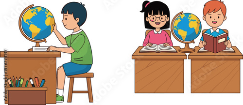 School Kids Studying Geography with Globe and Books in Classroom Learning Scene for Education Illustration Design