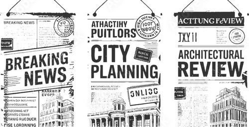 Three vintage newspaper pages with headlines breaking news city planning architectural review and building