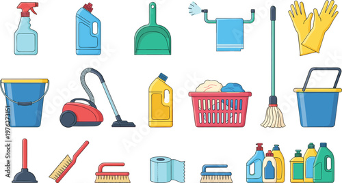 House Cleaning Supplies Collection with Mop, Bucket, Vacuum, Gloves, Detergent, and Laundry Essentials for Hygiene and Household Design Projects