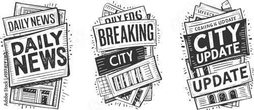 Three black and white newspaper headlines reading daily news breaking city and city update