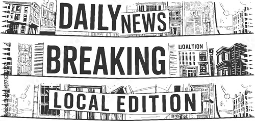 Daily news breaking local edition newspaper headlines with vintage city buildings