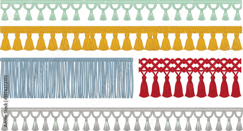 Decorative tassel fringe and braided border set, textile trimmings for home decor and fashion vector illustration, curtain and upholstery trim