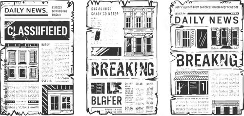 Three vintage newspaper pages with headlines and of buildings breaking