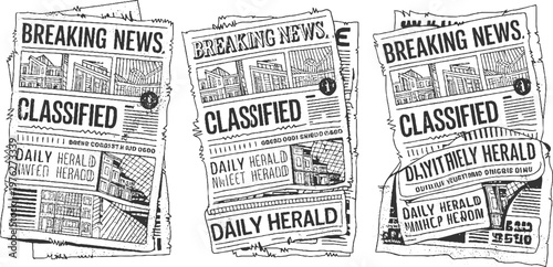 Three hand drawn black and white newspapers with headlines breaking news classified and daily herald
