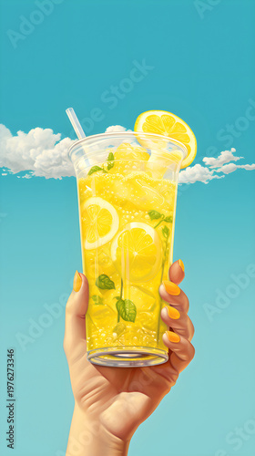 Hand holding a plastic cup of iced lemonade against a blue sky. Refreshing summer drink with lemon and mint. Vertical illustration of cold citrus beverage. Copy space for text