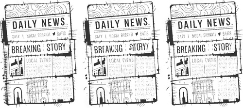Three black and white newspaper pages with bold headlines and illustrated sections daily breaking story