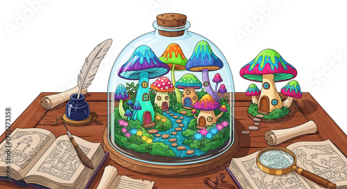 A whimsical vector illustration of a miniature mushroom village inside a glass jar on a wooden desk surrounded by books and writing tools