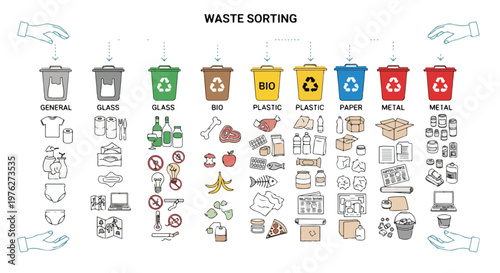 Waste sorting infographic with colorful recycling bins and trash icons. Garbage classification vector set for plastic, paper, glass, bio, metal, and general refuse management. isolated PNG with