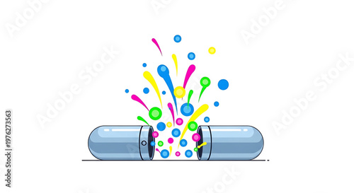 A colorful vector graphic of a capsule exploding with vibrant paint splatters