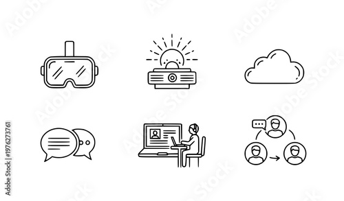 A set of six modern line art icons representing technology and communication