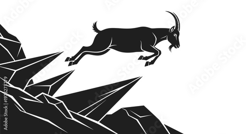 Silhouette of a mountain goat leaping across rocky terrain against a white backdrop