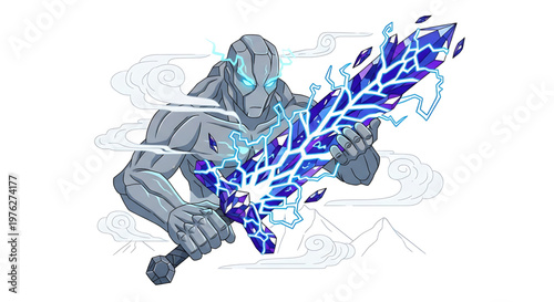 A muscular robot warrior holds a glowing blue electric sword in a dynamic pose with swirling clouds and mountains in the background.
