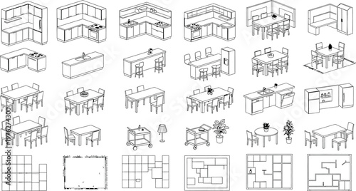 Architectural blueprints isometric and plan views of building structures isolated on transparent background