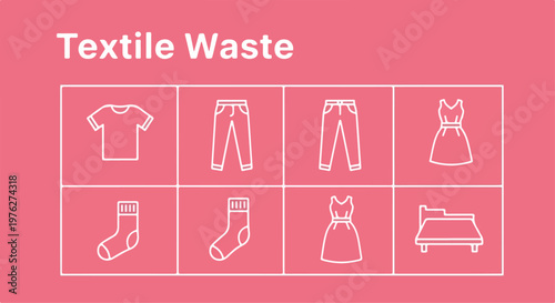 Textile waste icon set with 8 white line elements, sustainable fashion and clothing recycling symbols, pink background with t-shirt pants dress and socks vector graphics isolated PNG with