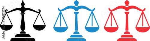 Three stylized scales of justice with different designs and colors
