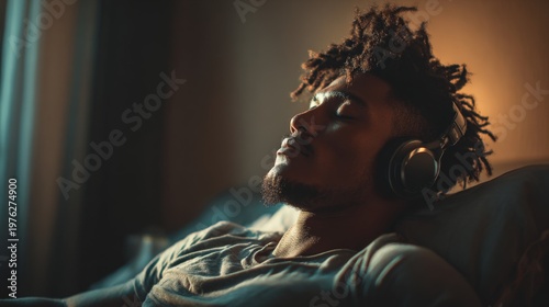 Wallpaper Mural Man Enjoying Relaxing Music with Headphones in Cozy Bedroom Environment Torontodigital.ca