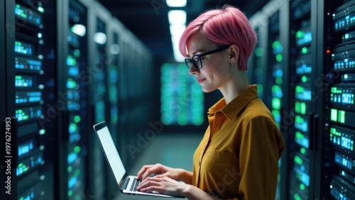 A woman with bright pink hair sits at a computer console in a dimly lit server room, focused on her work