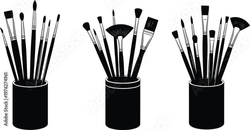 Black silhouette paint brushes in containers set, artist tools collection, vector illustration of makeup and art brushes isolated on white background