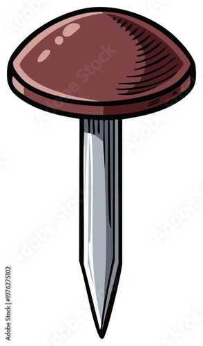 Classic brown-headed pushpin or upholstery tack with a pointed silver shaft, vintage style illustration