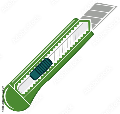 Green box cutter utility knife flat design, vector illustration