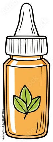 Herbal Extract in Amber Glass Dropper Bottle with Green Leaves