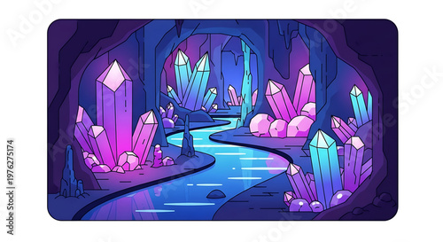 A vibrant cartoon illustration of a crystal cave with a winding stream and colorful crystals