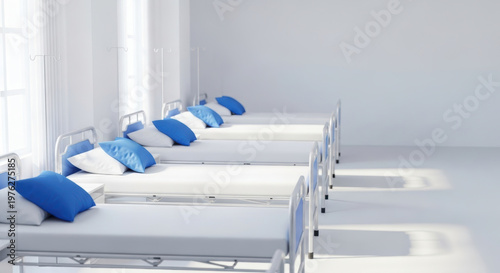 Bright hospital ward with empty medical beds lined in row, crisp white linens and blue pillows bathed in soft daylight, calm wellness atmosphere