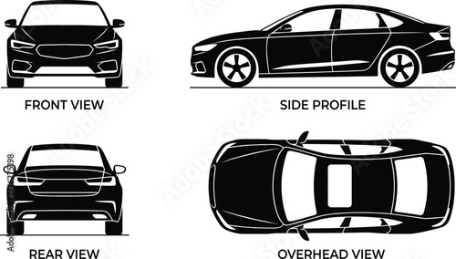 Modern sedan car vector illustration set, front, side, rear, and top overhead views for CAD,
