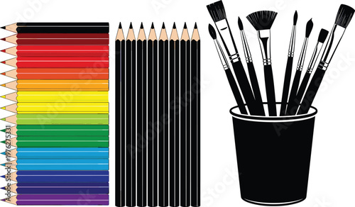 Colored pencils and paint brushes set, rainbow drawing tools with black sketch pencils and artist brushes in cup, creative art supplies vector illustration