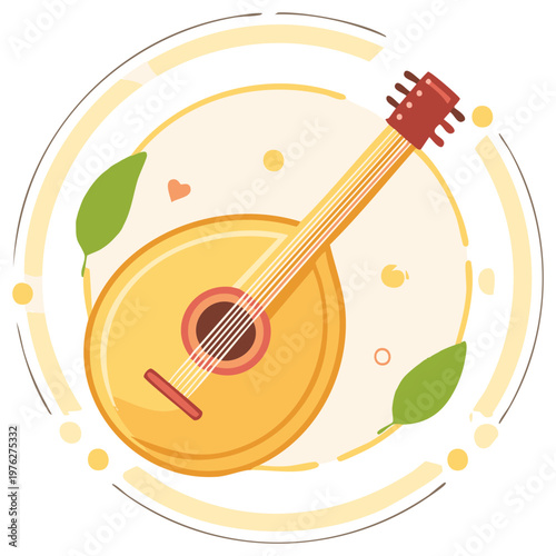 Whimsical Mandolin Illustration with Leaf Accents and Circular Designs for Musical Projects