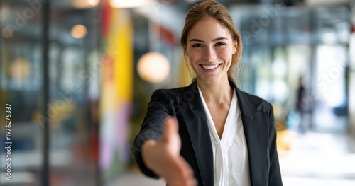 The Businesswoman Extending a Friendly Handshake in Modern Office Environment