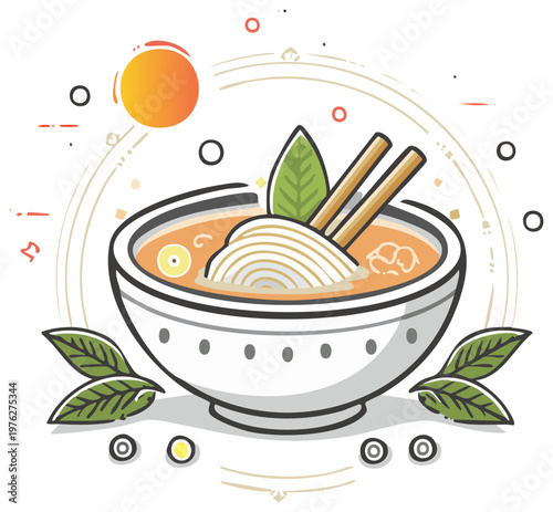 Stylized vector illustration of a hot bowl of Asian noodle soup with chopsticks and fresh herbs