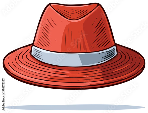 Stylish Red Fedora Hat with Grey Band and Shadow Detail