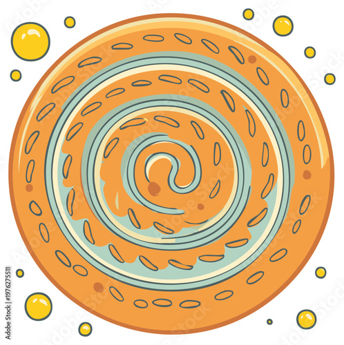 Whimsical illustration of a round orange and blue spiral candy with bubbles