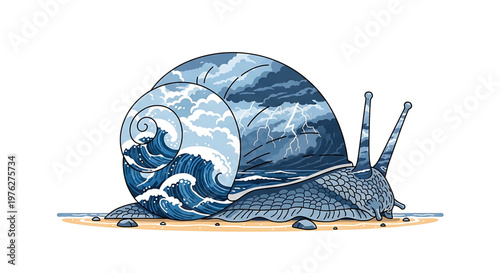 A vector graphic illustration of a snail with a stormy ocean scene on its shell, set against a sandy beach background.