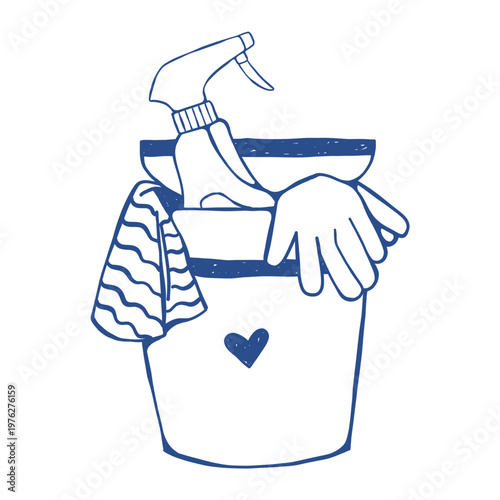 Doodle bucket filled with cleaning supplies including spray bottle, gloves and cloth. Hand drawn vector illustration with pencil texture for housekeeping, home cleaning concepts and service branding