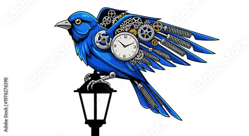 A steampunk blue bird perched on a black street lamp with clockwork gears and a white clock face