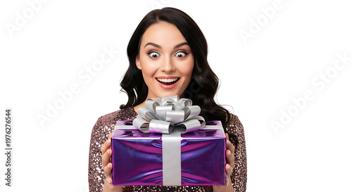 Young woman holding purple gift boxes with silver ribbon smiling indoors