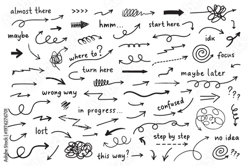 Scribble chaos arrows collection. Hand drawn scribble arrows represents different ways, choosing decisions and problem solving.