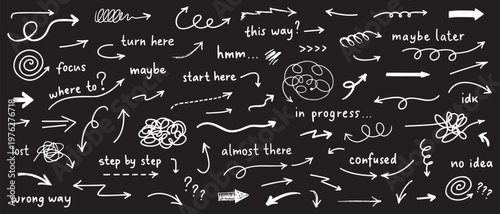 Scribble chaos arrows collection. Hand drawn scribble arrows represents different ways, choosing decisions and problem solving isolated on black background..