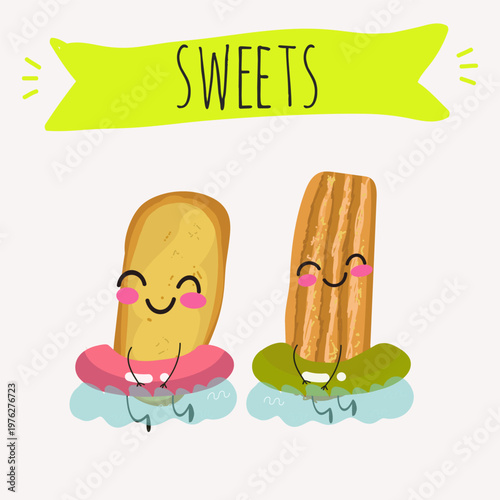 Funny Characters lingue di gatto, krumiri italy dessert, hand drawn vector illustration.