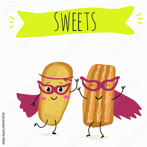 Funny Characters lingue di gatto, krumiri italy dessert, hand drawn vector illustration.