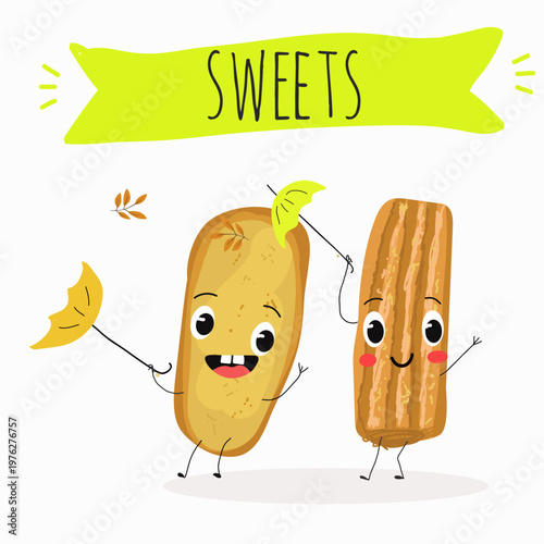 Funny Characters lingue di gatto, krumiri italy dessert, hand drawn vector illustration.