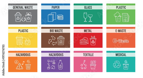Waste sorting icons and recycling labels set, collection of 12 colorful garbage disposal signs, environmental management stickers for plastic, paper
