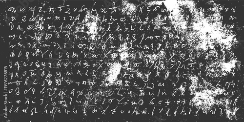 Ancient handwritten script with distressed texture and white ink on dark background writing