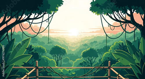 A serene jungle landscape at sunset with a wooden fence in the foreground