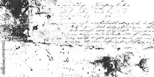 Black ink handwritten script on distressed white paper with grunge texture and scattered ink splatters