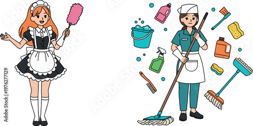 Cartoon Maid and Cleaner Vector Illustrations with Cleaning Tools, Bucket, Mop, Duster, and Sponge